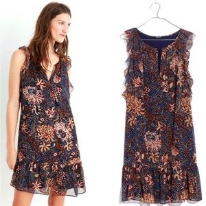 Madewell Spring Flutter Sleeve Shift Brown Blue Floral Ruffle Hem  Dress, Size M